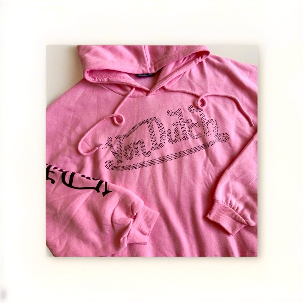 NWT Von Dutch Crop Black Embellished Rhinestone Barbie Pink Logo Hoodie Y2K Sz M - Picture 4 of 4